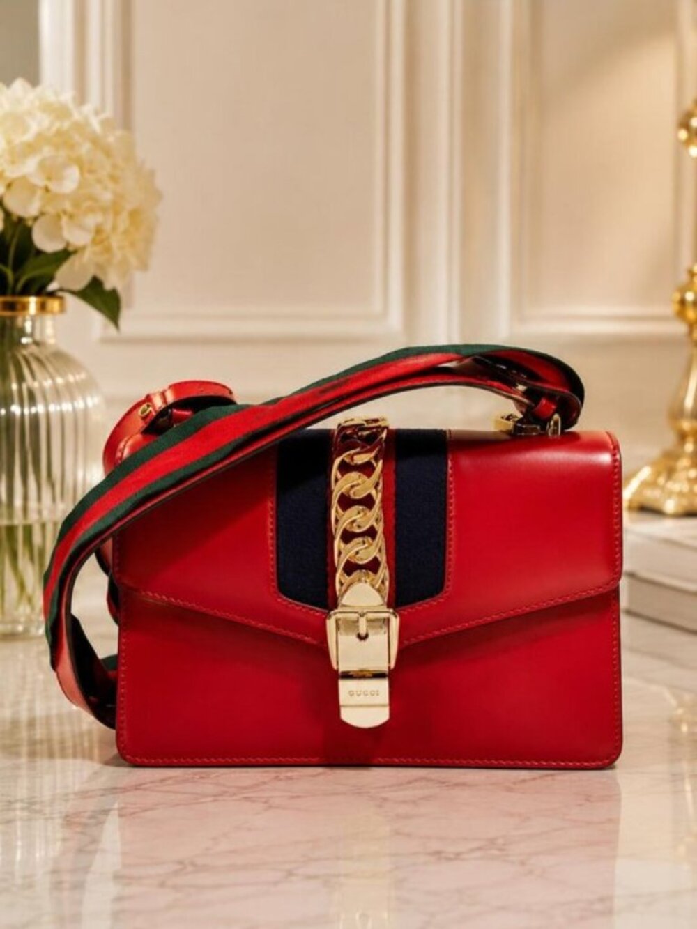 Authentic Gucci Sylvie Medium Red Leather Crossbody Shoulder Bag